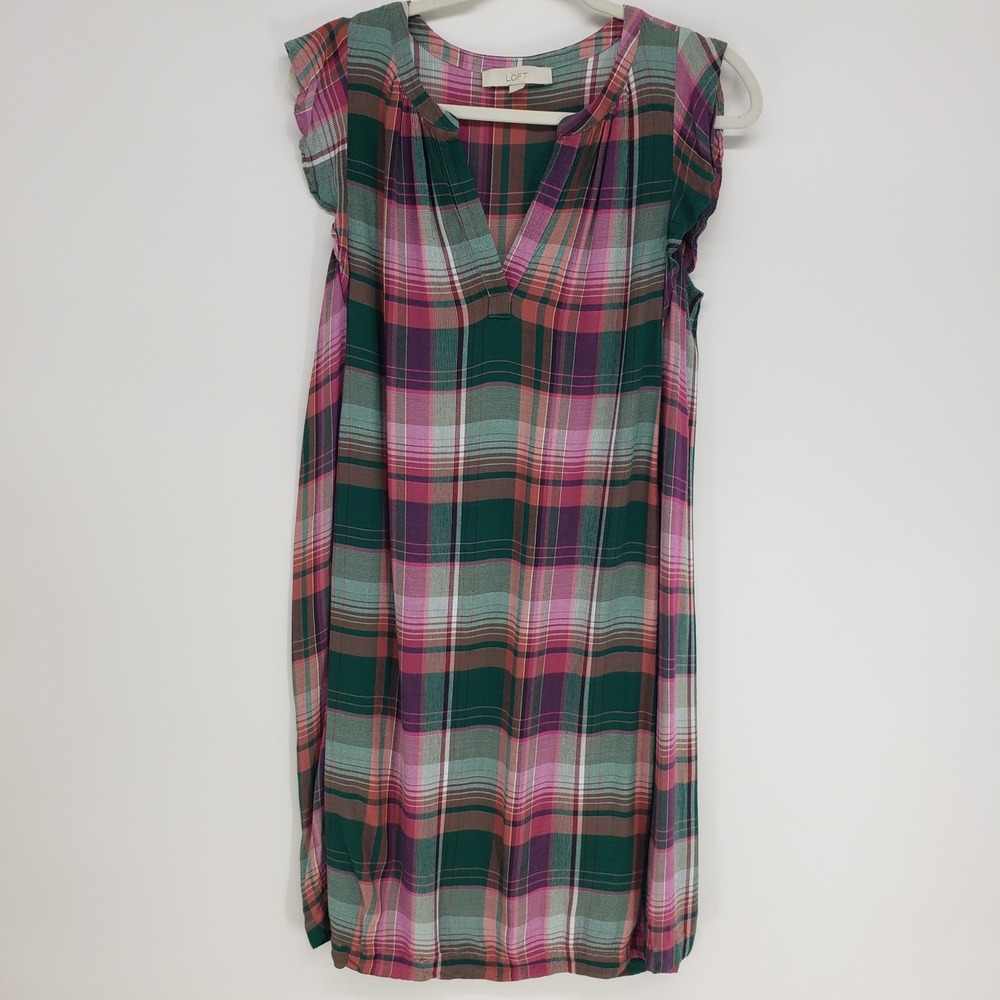 LOFT Plaid Shift Dress Women Medium Green Magenta Flutter Sleeve V-Neck Viscose